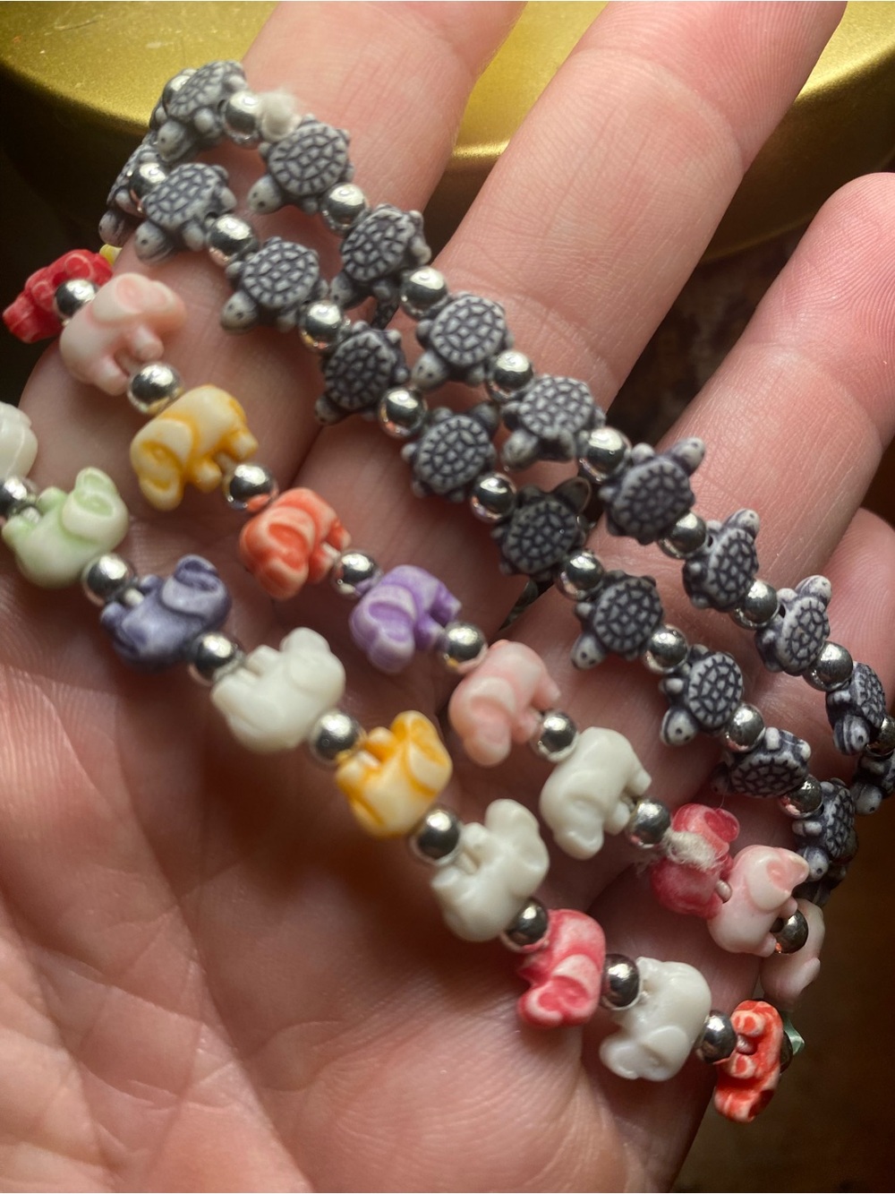 Pack of 4 Multicolor Elephant & Gray Turtle Bead Stretch Bracelets kids or adult